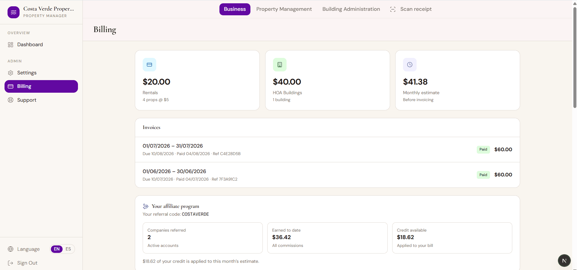 the affiliate program panel and billing status