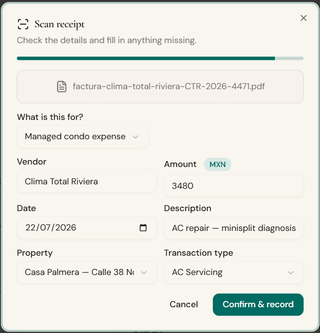 a receipt scan showing the detected amount, vendor, and property