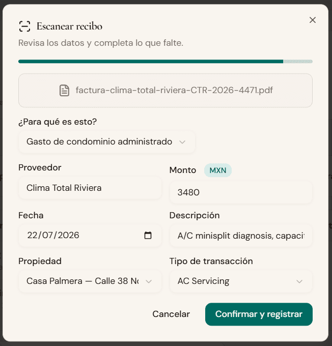 escaneo de un recibo mostrando monto, proveedor y propiedad detectados