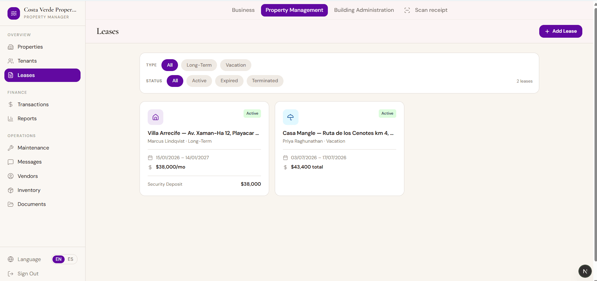 the leases list — each property with its tenant, vacation stays showing check-in and check-out dates alongside long-term leases