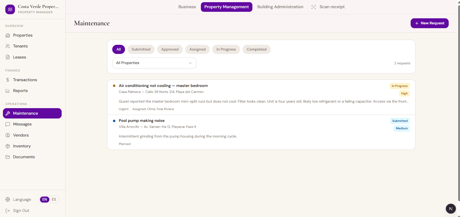 a maintenance work order with an assigned vendor