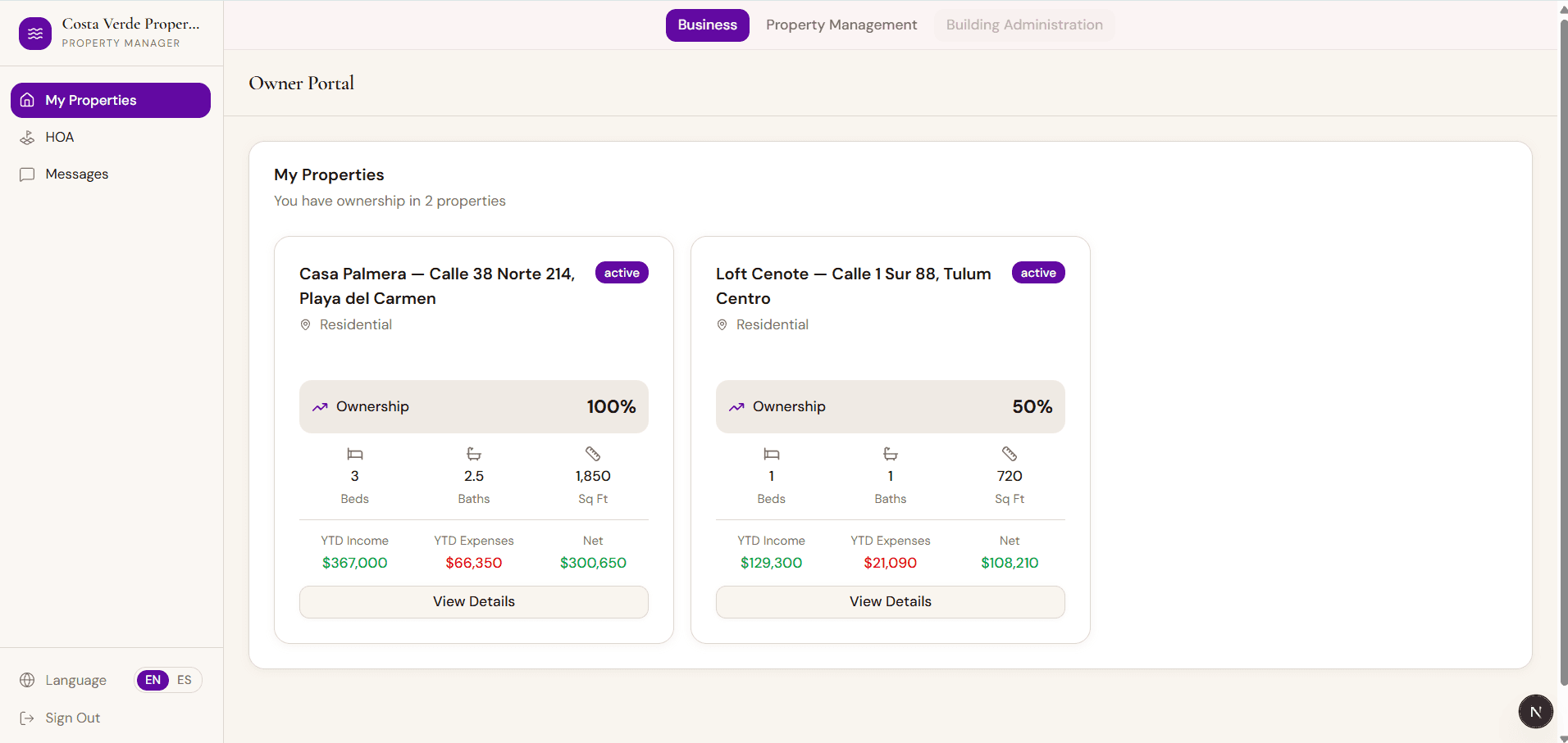 the owner portal showing deposits, expenses, and balance
