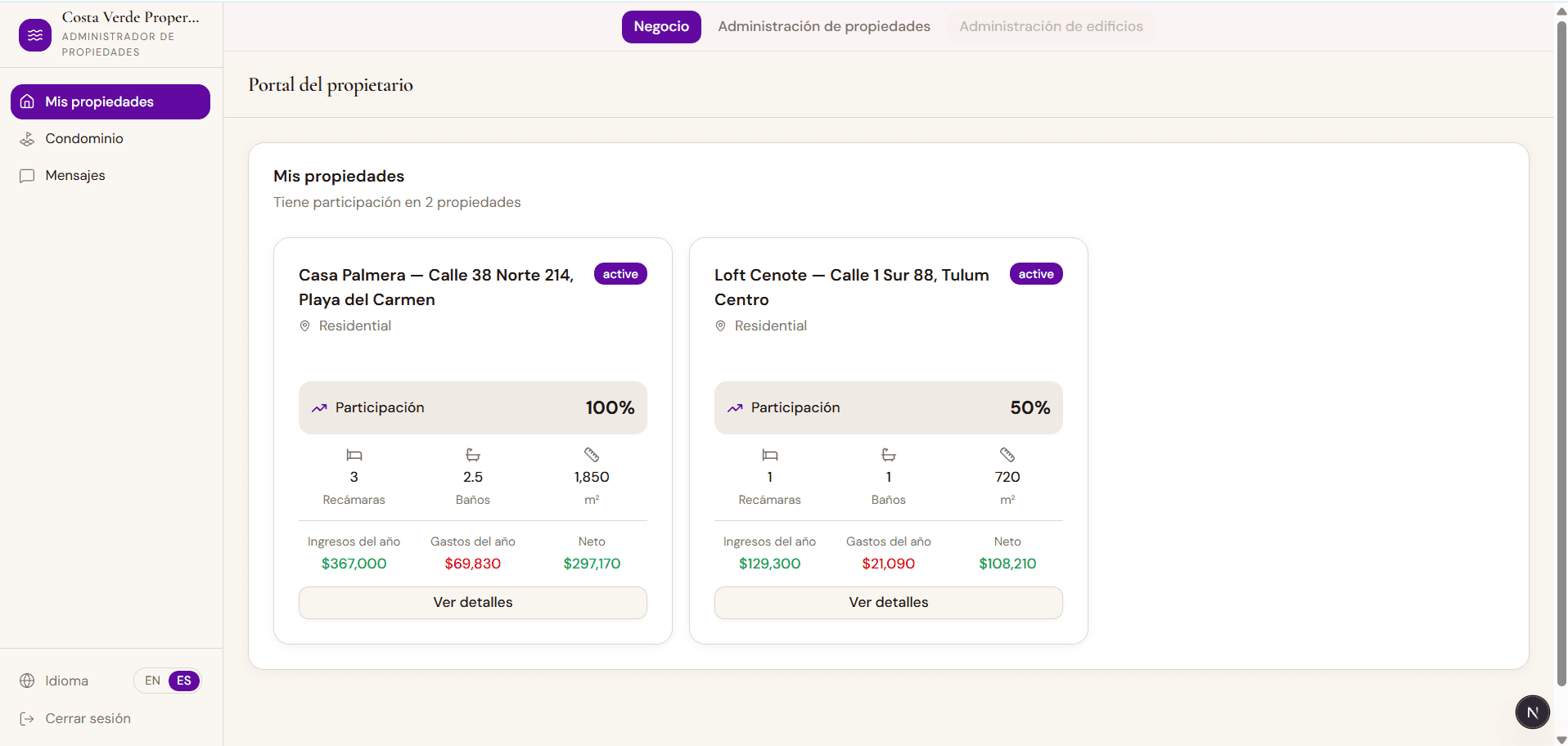 portal del propietario mostrando depósitos, gastos y saldo